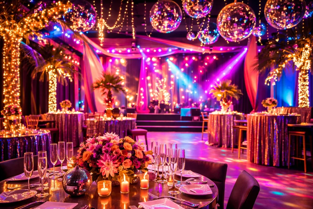 A banquet hall decorated with string lights, disco balls, floral centerpieces, and round tables set for an event, with a stage in the background lit by colorful lights.
