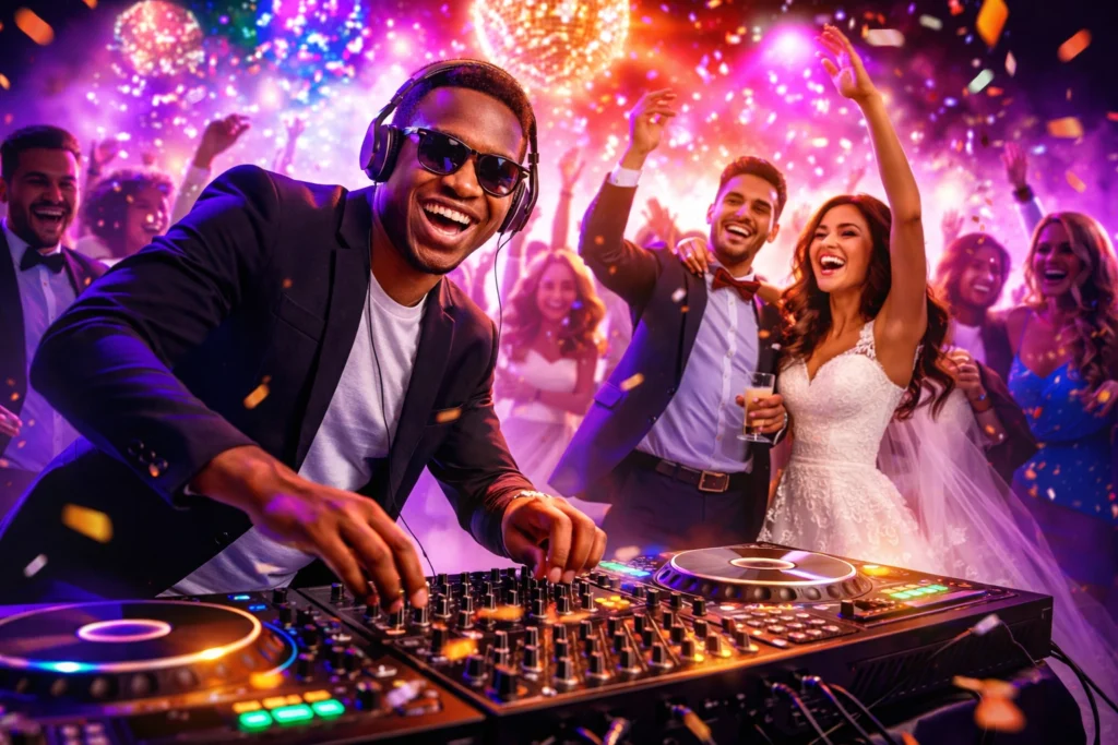 A DJ wearing sunglasses and headphones plays music at a lively wedding reception, with the bride, groom, and guests dancing and celebrating amid colorful lights and confetti.