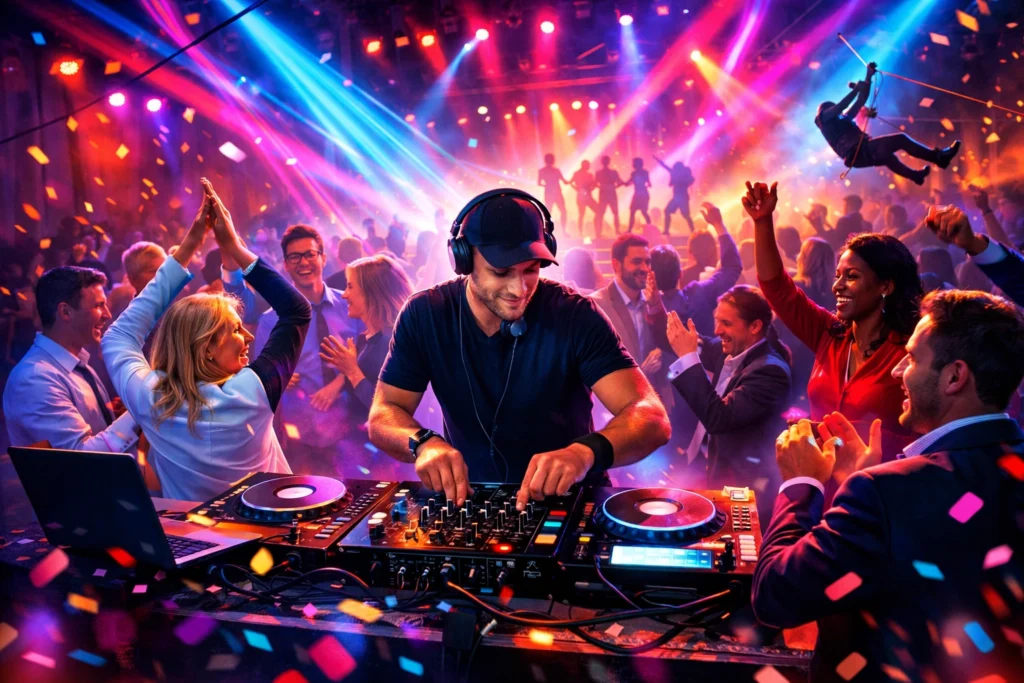 A DJ wearing headphones performs at a lively nightclub, surrounded by dancing people, colorful lights, and confetti.