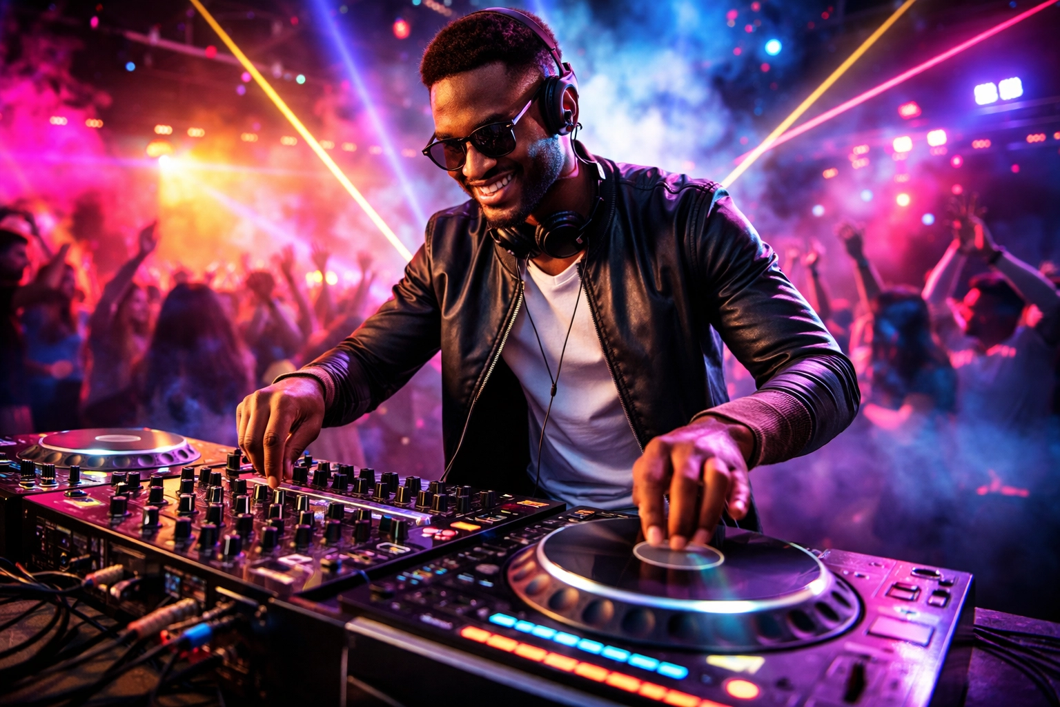 A DJ wearing sunglasses and headphones mixes music on a turntable at a lively nightclub, with colorful lights and a crowd dancing in the background.