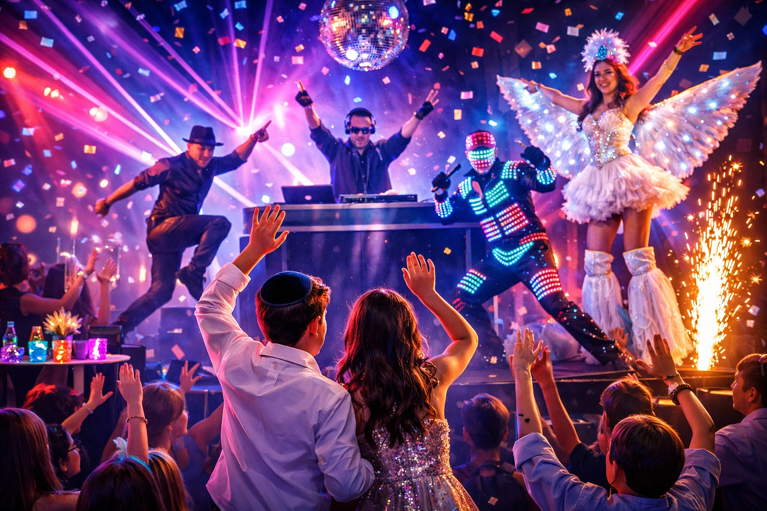 People dance and celebrate at a lively party with confetti, colorful lights, a DJ, performers in costumes, and a disco ball on stage.