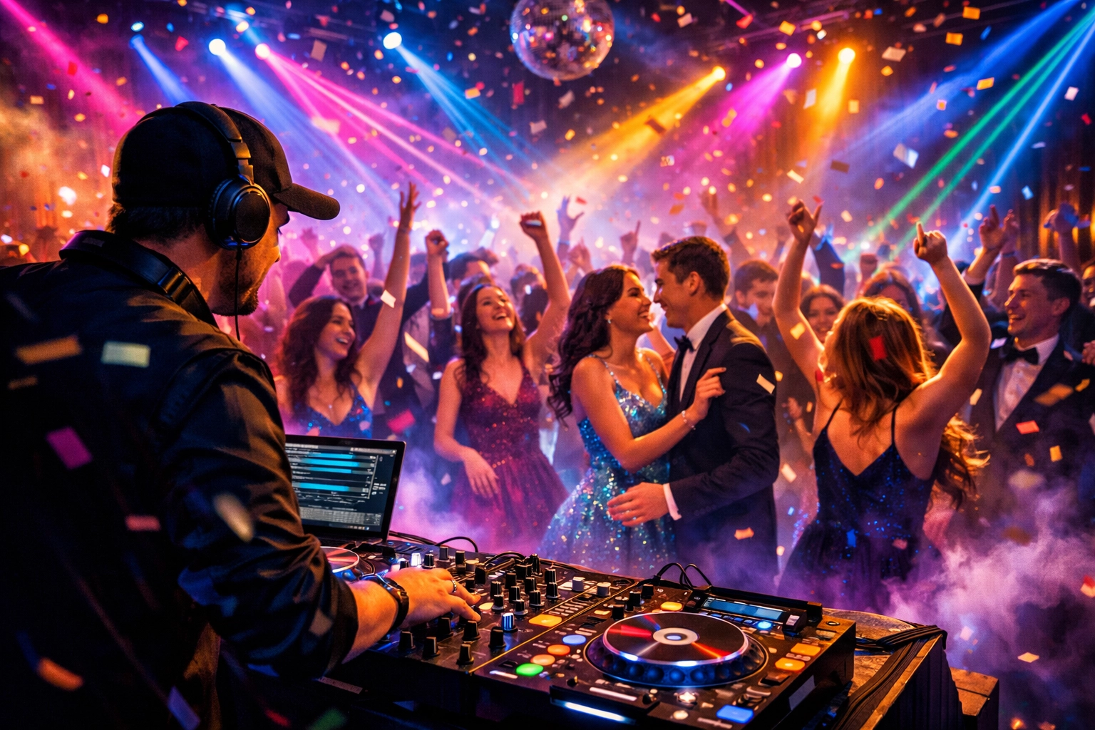 A DJ plays music at a lively dance party with colorful lights, confetti, and people in formal attire dancing and celebrating.