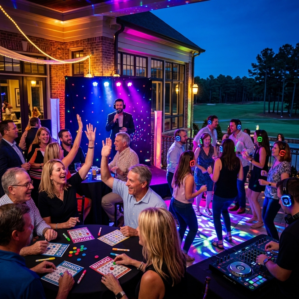People play bingo and dance with wireless headphones at a lively indoor-outdoor party in the evening, with a DJ and a host on stage under colorful lights.