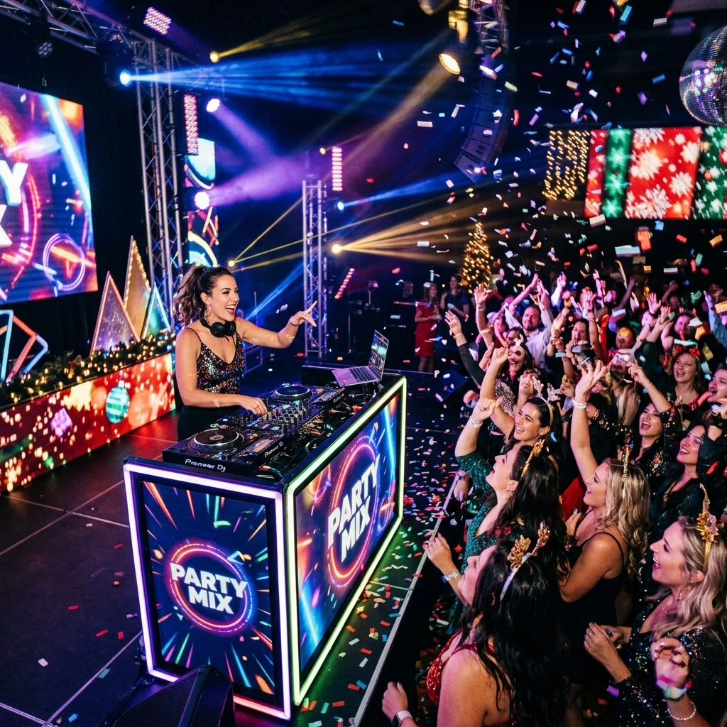 A DJ performs on stage at a lively party with colorful lights, confetti, and a cheering crowd. The DJ booth displays "PARTY MIX" on the front panel.