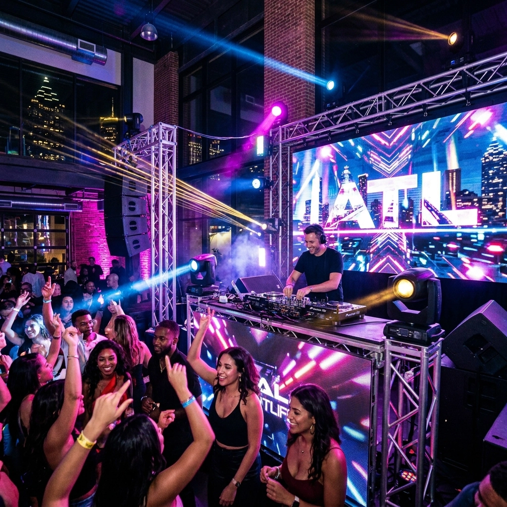 A DJ performs on stage in front of a dancing crowd at an indoor night event, with colorful lights and "ATL" displayed on a screen behind him.