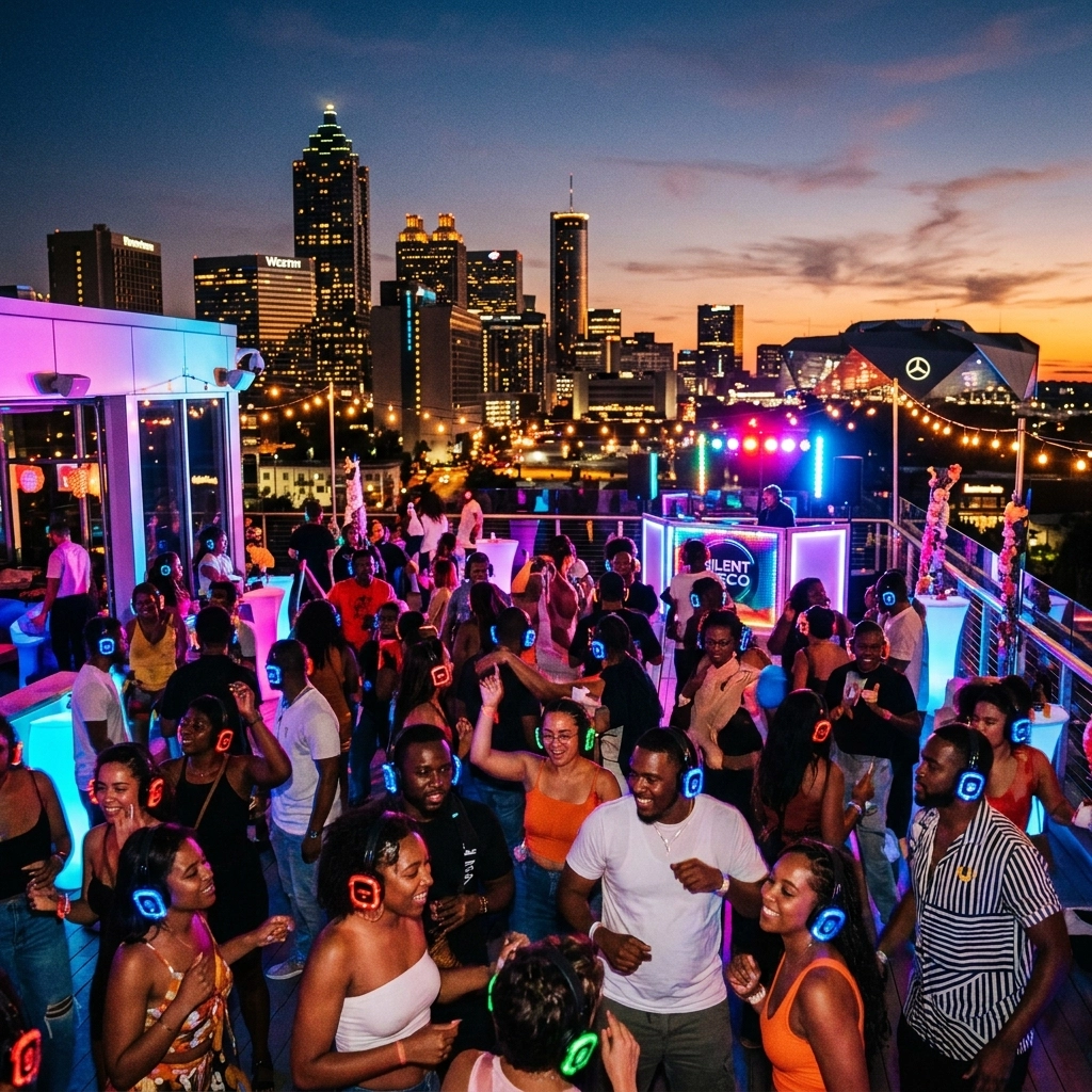 A crowd of people wearing LED headphones dance at a rooftop silent disco party at sunset, with a city skyline in the background.