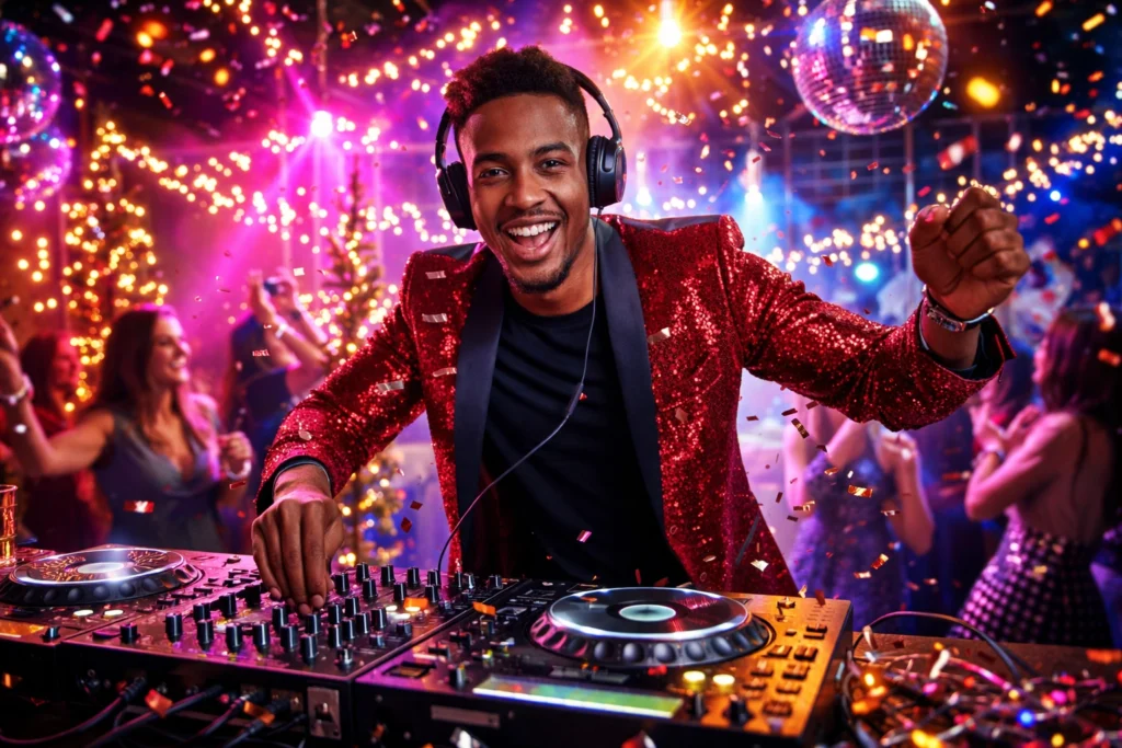 A smiling DJ in a red sequin jacket mixes music at a lively party, with confetti, disco balls, and colorful lights in the background.