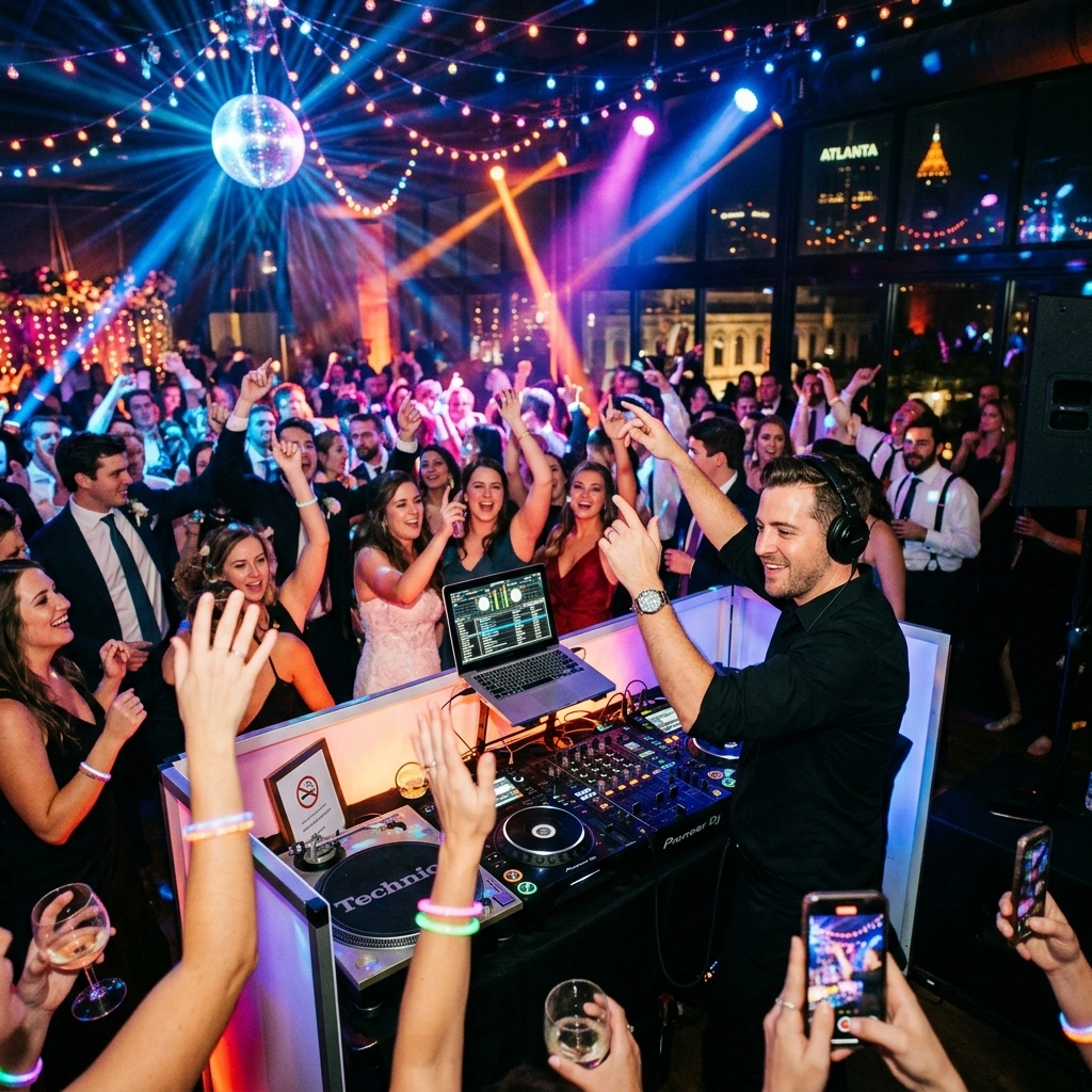 A DJ performs for a large crowd dancing and celebrating at an indoor party with colorful lights and a city skyline visible through the windows.