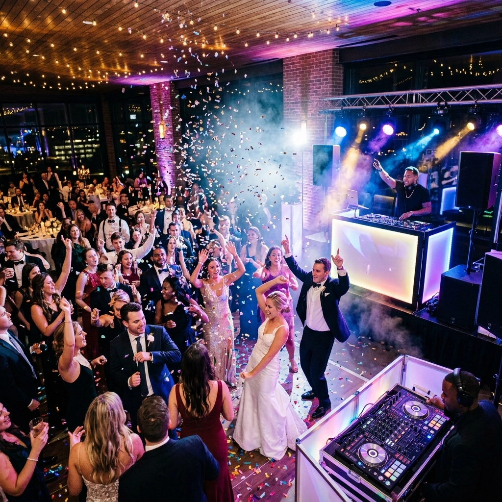A wedding reception dance floor with guests celebrating, confetti falling, and a DJ performing under colorful lights in a decorated indoor venue.