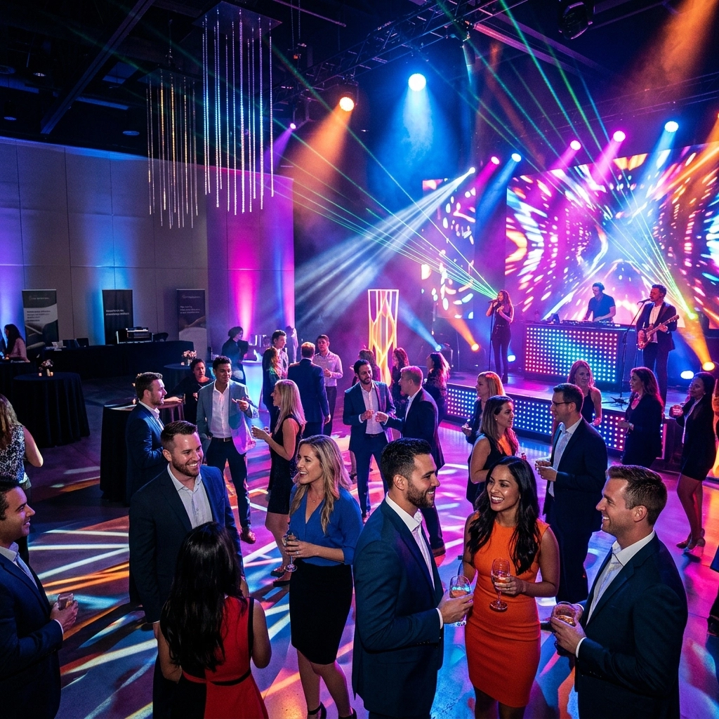 People in formal attire socialize at an indoor event with colorful stage lights, a live band performing, and a vibrant atmosphere.