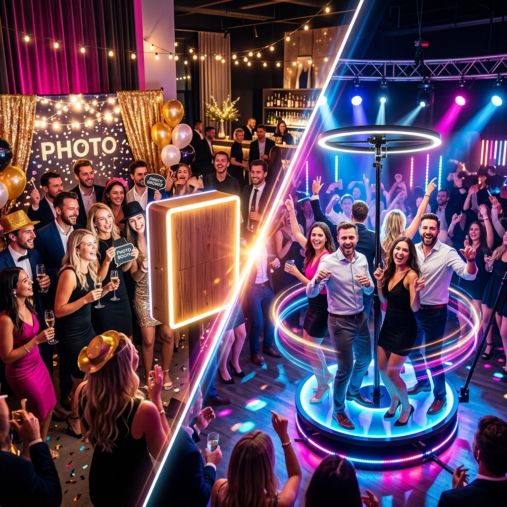 Two scenes at a party: one side shows guests posing at a photo booth with props, the other side shows guests dancing around a 360-degree camera platform.