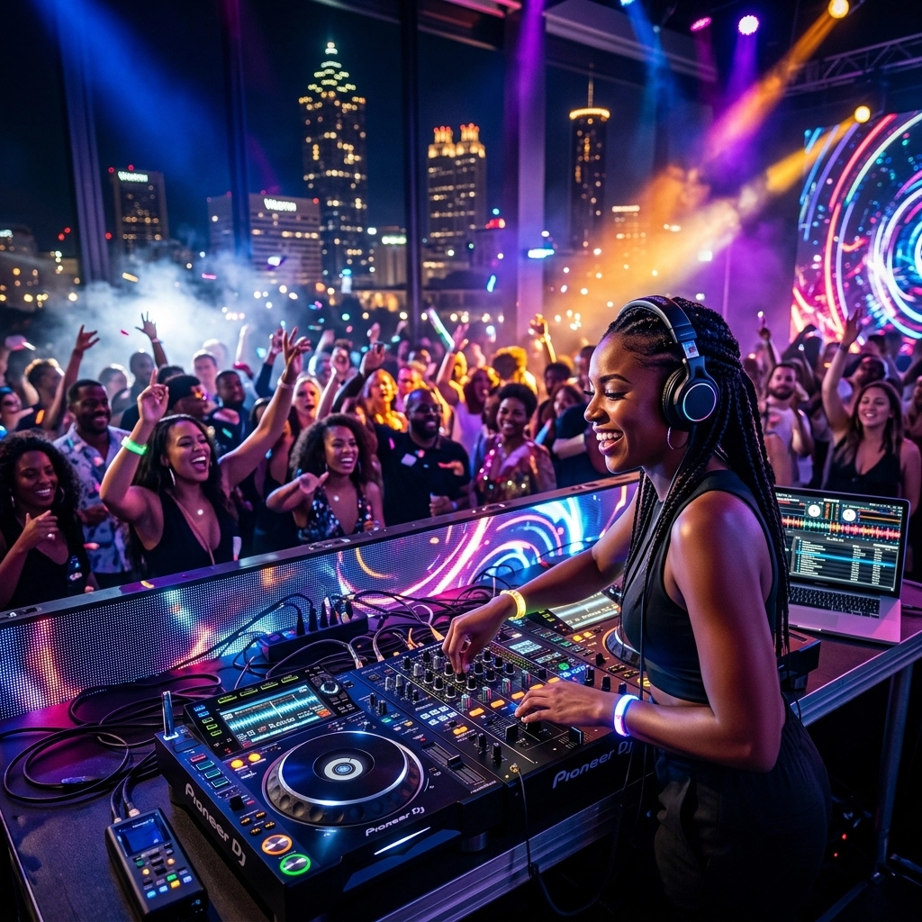 A DJ performs on stage at a lively nightclub with a cheering crowd and city skyline visible through large windows at night.