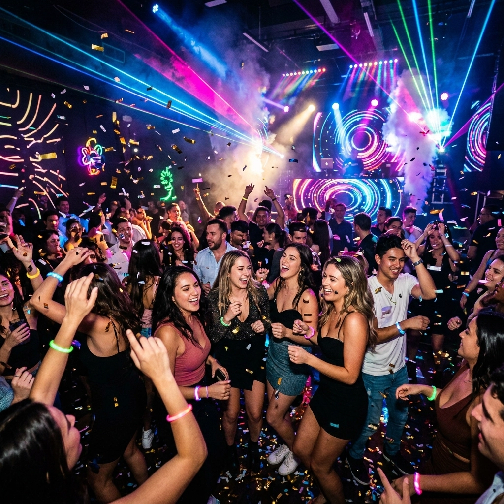 A crowded nightclub scene with people dancing, colorful lights, confetti in the air, and neon decorations on the walls.