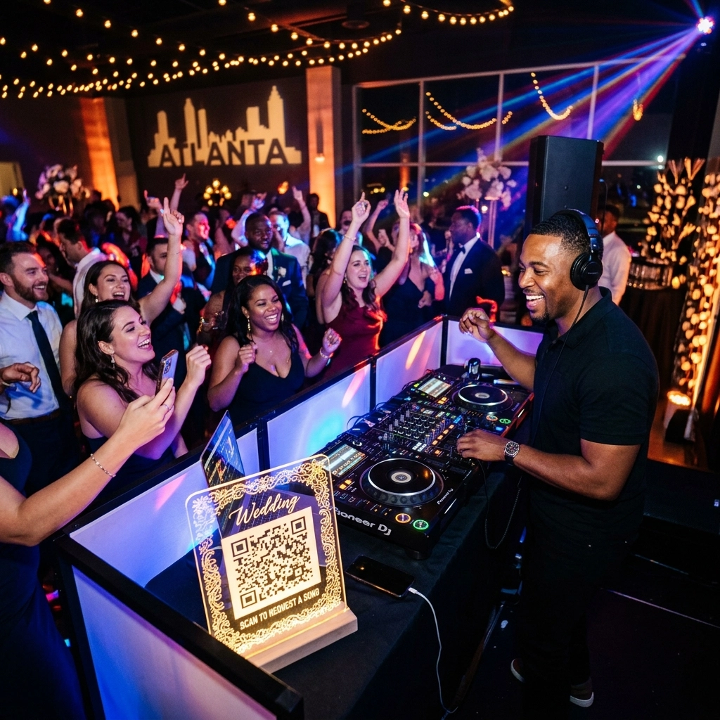 A DJ plays music at a lively indoor event while guests dance, smile, and take photos. A neon wedding sign and QR code are visible near the DJ booth.