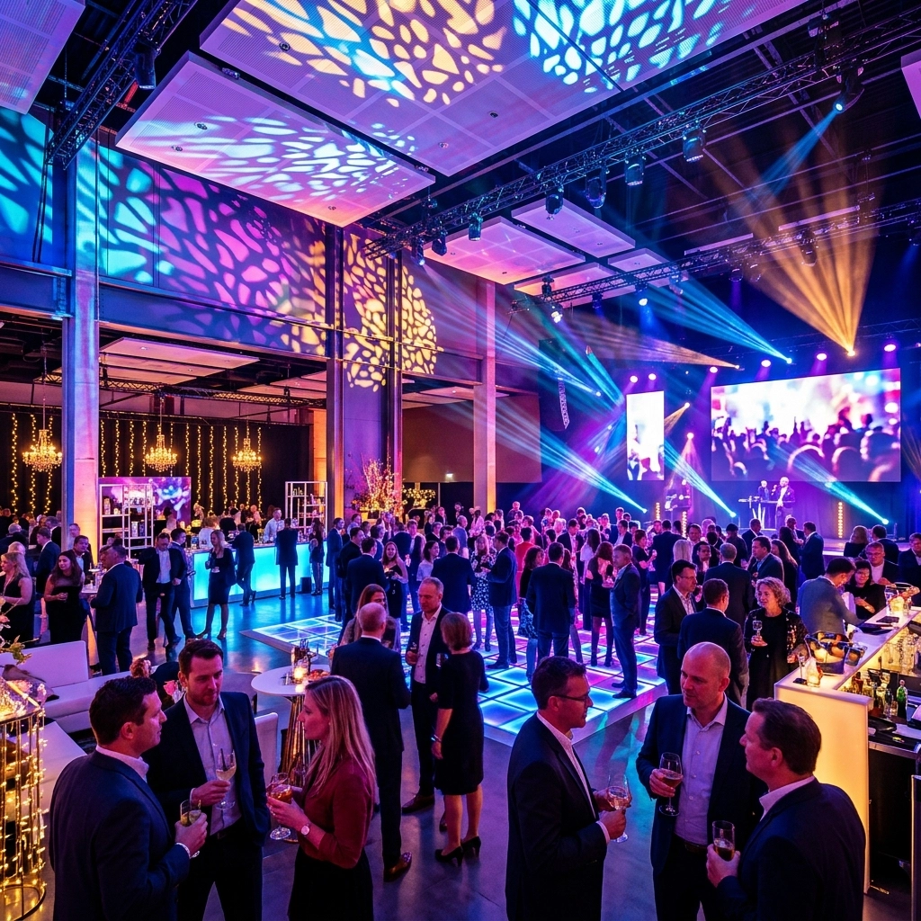 A large group of people in formal attire socializes at an indoor event with colorful lighting, chandeliers, and a stage featuring a large screen and performers.
