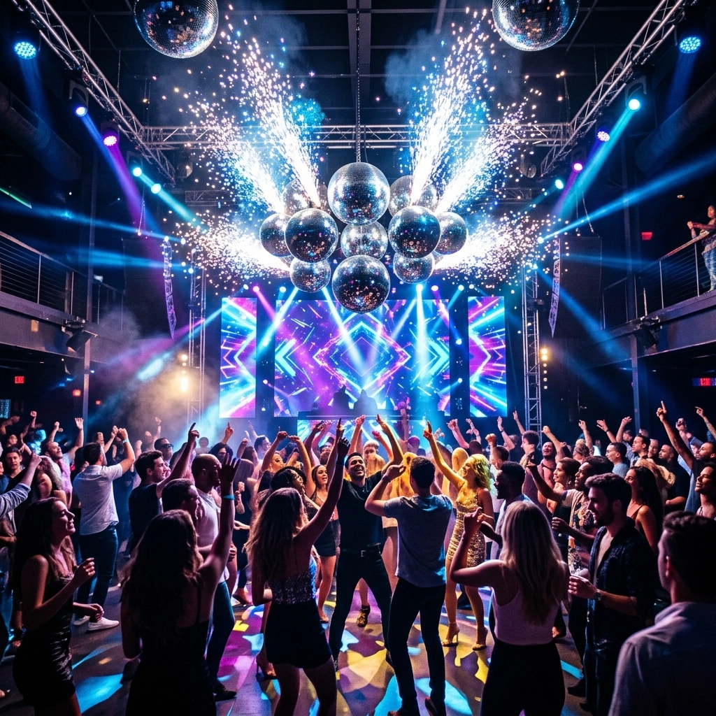 A crowded nightclub dance floor with people dancing under cluster of mirror balls, colorful LED screens, stage lighting, and pyrotechnic sparks overhead.