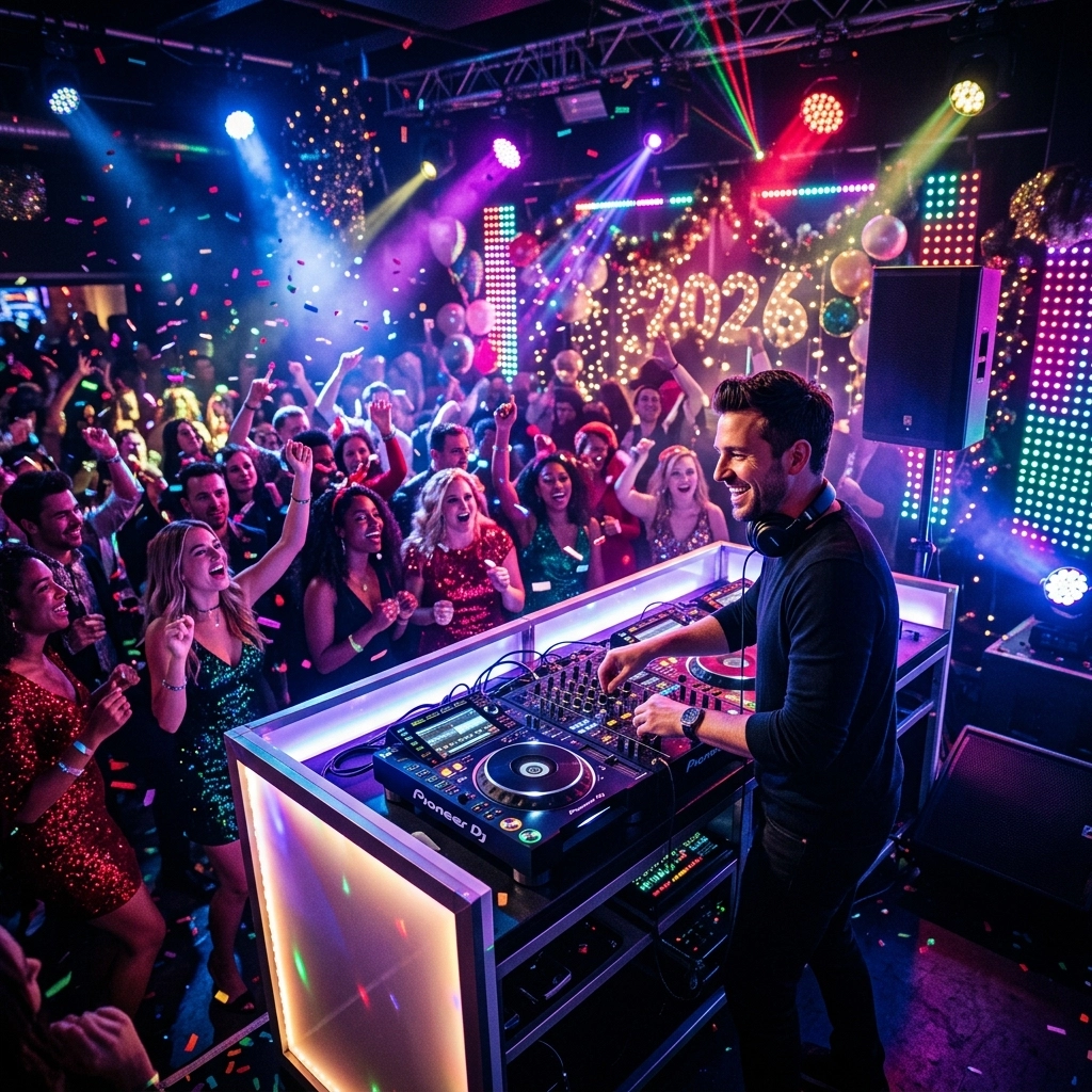 A DJ plays music at a New Year's Eve party with a lively crowd dancing, confetti falling, and “2026” lit up in the background.