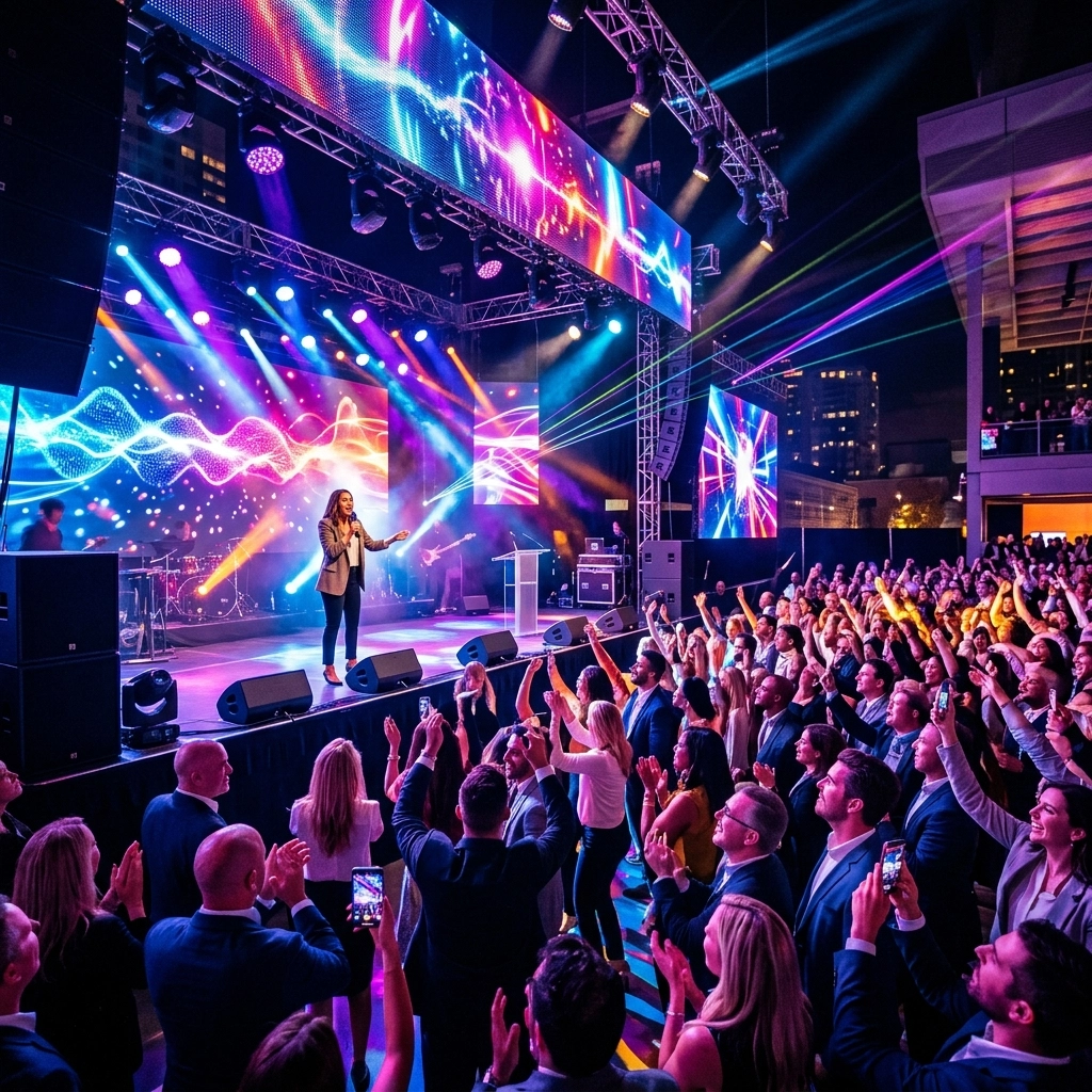 A performer sings on a brightly lit stage with colorful screens, while a large crowd watches and takes photos at an indoor concert or event.