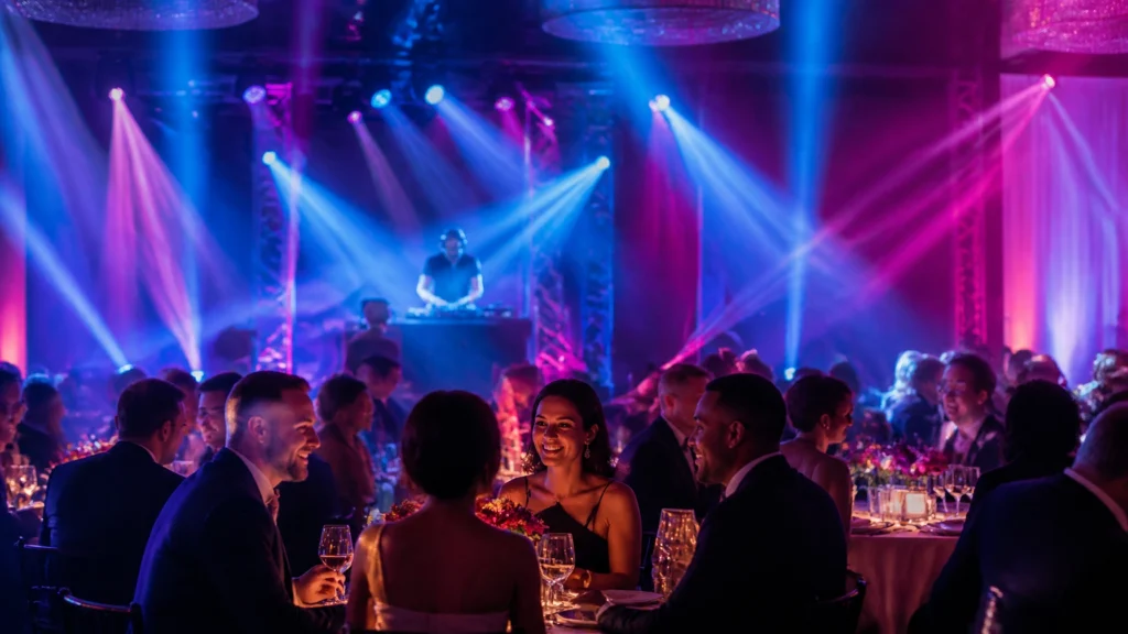 People in formal attire sit at round tables with food and drinks, while a DJ performs on stage under colorful lights in a dimly lit event space.