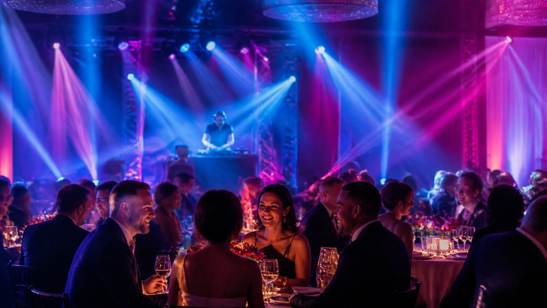 People in formal attire sit at round tables with food and drinks, while a DJ performs on stage under colorful lights in a dimly lit event space.
